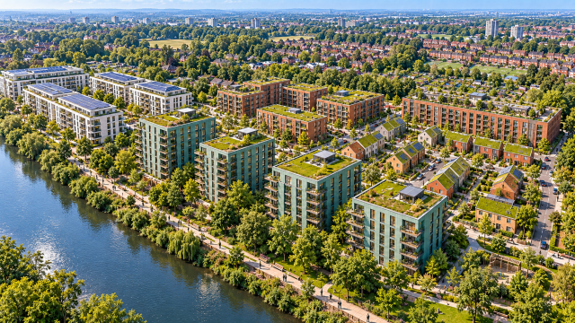Sustainable Riverside Neighborhood Aerial View